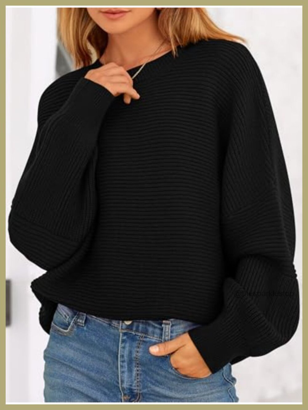 Oversized Lantern Sleeve Crewneck Chunky Knit Ribbed Pullover Sweater - Picture 3 of 6
